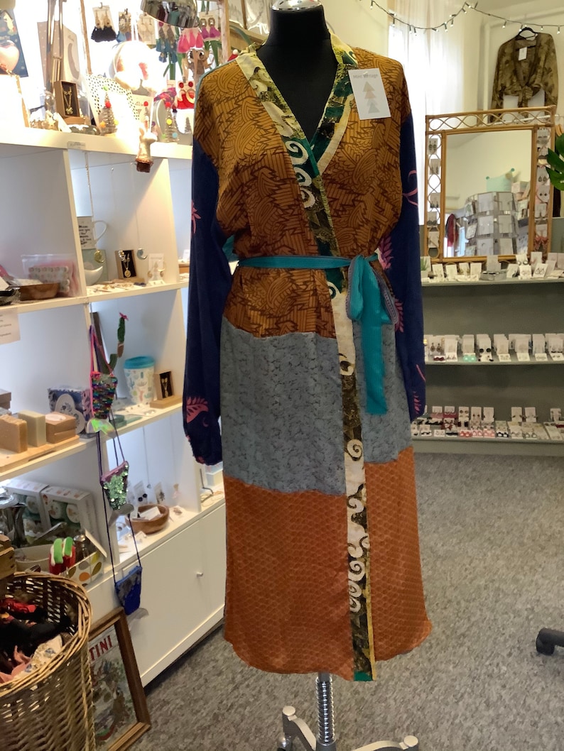 Handmade boho style Indian silk sari patchwork bathhouse robe