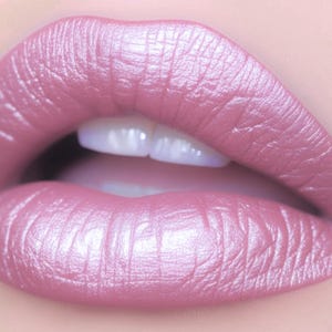 May include: Close-up of a mouth with full, glossy, pink lipstick. The lipstick has a pearlescent sheen, reflecting light. The lips are slightly parted, revealing white teeth. The overall effect is soft and feminine.