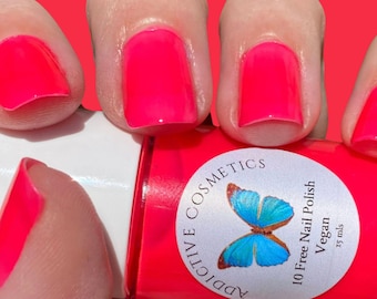 Esmalte de uñas rosa atómico 10, libre de toxinas, apto para veganos y libre de crueldad animal.