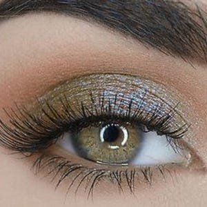Pode incluir: Close-up de um olho com maquiagem aplicada com perícia. A pálpebra é adornada com sombra cintilante e metálica em tons de ouro e prata. Cílios longos e escuros emolduram o olho, e uma sobrancelha bem definida arqueia-se acima.