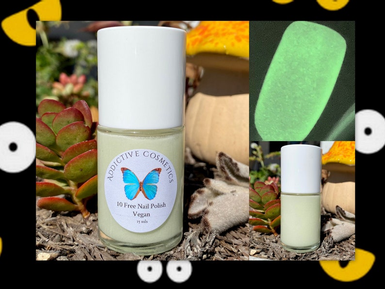 May include: A small bottle of light green nail polish with a white cap. The bottle has a label that says "Addictive Cosmetics" and "10 Free Nail Polish Vegan". The polish glows green in the dark.