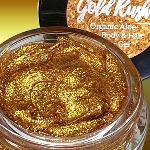 GOLD RUSH All Natural Aloe Glitter Gel pour les yeux, le visage, les cheveux et le corps ! Végétalien et sans cruauté. Fabriqué aux Etats-Unis