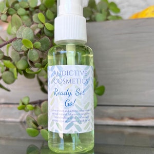 READY, SET GO! Refreshing Face Primer and Makeup Setting Spray. Infused with Aloe and Cucumber. As always, All Natural and Vegan Friendly.