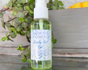 READY, SET GO! Refreshing Face Primer and Makeup Setting Spray. Infused with Aloe and Cucumber. As always, All Natural and Vegan Friendly.