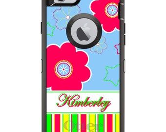 CUSTOM OtterBox Defender Case for Apple iPhone or Samsung Galaxy - Personalized Monogram - Bright Blue Pink Stripes