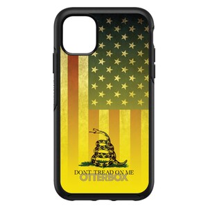 May include: A black Otterbox phone case with a yellow and green American flag design. The flag has a snake with the words "Don't Tread on Me" printed below it.
