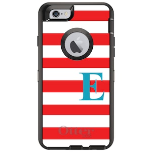 CUSTOM OtterBox Defender Case for Apple iPhone or Samsung Galaxy - Personalized Monogram - Red White Bold Stripes Teal