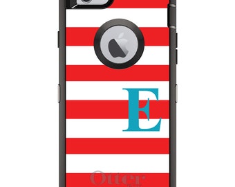 CUSTOM OtterBox Defender Case for Apple iPhone or Samsung Galaxy - Personalized Monogram - Red White Bold Stripes Teal
