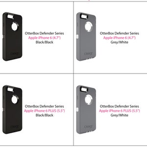 May include: Four phone cases, two black and two gray, with the OtterBox Defender Series logo and text. The cases are for the Apple iPhone 6 and iPhone 6 Plus. The text reads "OtterBox Defender Series Apple iPhone 6 (4.7") Black/Black", "OtterBox Defender Series Apple iPhone 6 (4.7") Grey/White", "OtterBox Defender Series Apple iPhone 6 PLUS (5.5") Black/Black", and "OtterBox Defender Series Apple iPhone 6 PLUS (5.5") Grey/White".
