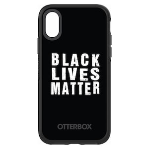May include: Black Otterbox phone case with the words "BLACK LIVES MATTER" in white, distressed font. The case has a black border and a cutout for the camera and flash. The Otterbox logo is at the bottom.