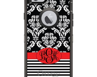 CUSTOM OtterBox Defender Case for Apple iPhone or Samsung Galaxy - Personalized Monogram - Black White Damask Stripes Ribbon