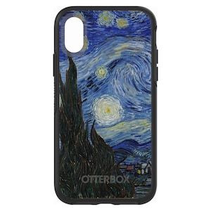 May include: Black phone case with a blue and yellow starry night design. The design is a painting by Vincent van Gogh. The case has the Otterbox logo on the bottom.
