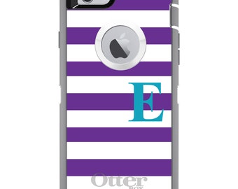 CUSTOM OtterBox Defender Case for Apple iPhone or Samsung Galaxy - Personalized Monogram - Purple White Teal Stripes
