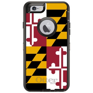 May include: Black phone case with a Maryland state flag design. The case has a raised OtterBox logo.