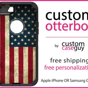 US Flag OtterBox Defender / Apple iPhone or Samsung Galaxy / Red White & Blue Weathered / Custom Personalized Monogrammed / Any Color image 1