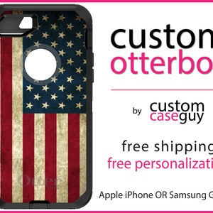 May include: A black Otterbox phone case with a distressed American flag design. The case is for an Apple iPhone or Samsung Galaxy phone.  Custom Otterbox by Caseguy. Free shipping and personalization.