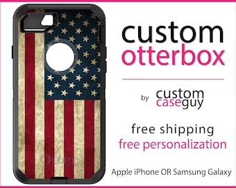 US Flag OtterBox Defender / Apple iPhone or Samsung Galaxy / Red White & Blue Weathered / Custom Personalized Monogrammed / Any Color