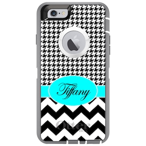 May include: Black and white houndstooth pattern phone case with a turquoise chevron pattern and a turquoise oval with the name "Tiffany" in black script.