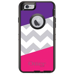 May include: A black OtterBox phone case with a purple, white, and pink geometric pattern. The case has a cutout for the camera lens and a raised button for the volume control.