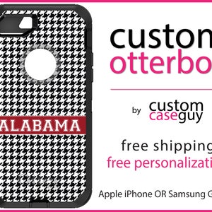 May include: A black and white houndstooth patterned phone case with a red band that says "ALABAMA". The case is for an Otterbox phone case.