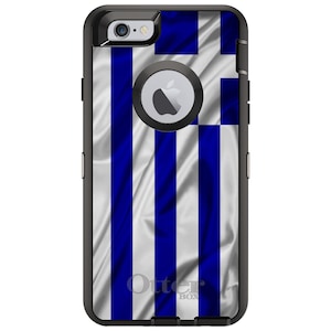 May include: A black OtterBox phone case with a blue and white Greek flag design. The case has a raised lip around the screen and camera to protect the phone from drops.