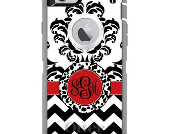 CUSTOM OtterBox Defender Case for Apple iPhone or Samsung Galaxy - Personalized Monogram - Black White Red Damask Chevron