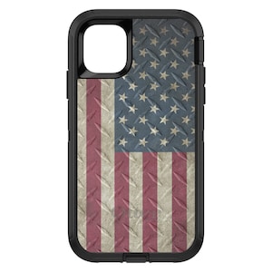 May include: Black phone case with a distressed American flag design. The flag is on a diamond plate background.