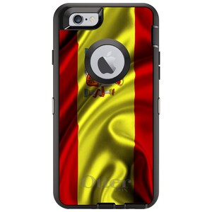 May include: A black OtterBox phone case with a red and yellow Spanish flag design. The flag is waving in the wind and the coat of arms is visible in the center.