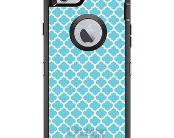 CUSTOM OtterBox Defender Case for Apple iPhone or Samsung Galaxy - Personalized Monogram - Light Blue White Moroccan Lattice