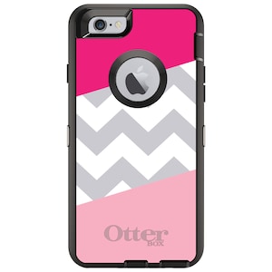 May include: A black OtterBox phone case with a pink, gray, and white chevron pattern. The case has a cutout for the Apple logo and camera.