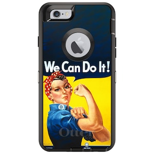 May include: A black phone case with a blue and yellow background featuring a woman with a red bandana and the text "We Can Do It!"
