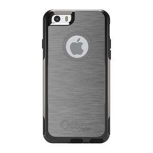 May include: Black OtterBox Defender Series case for an iPhone with a brushed metal finish and the OtterBox logo.