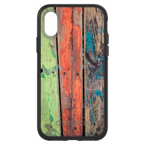 May include: A phone case with a colorful wood grain design. The case features a green, orange, and blue wood grain pattern.