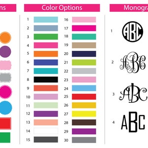 May include: A chart with options for customizing a product. The chart has three sections: Frame Options, Color Options, and Monogram Options. The Frame Options section shows 18 different frame styles. The Color Options section shows 30 different color swatches. The Monogram Options section shows 8 different monogram styles.