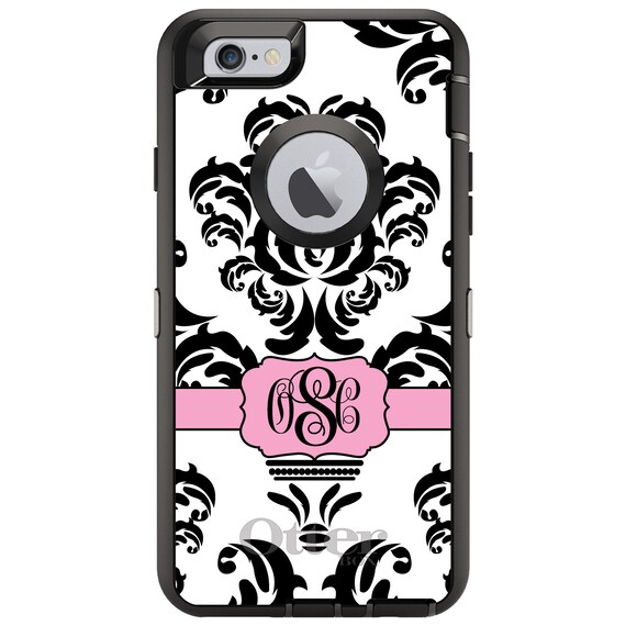 CUSTOM Otterbox Defender Case for Apple iPhone or Samsung Galaxy -  Personalized Monogram - Black White Pink Damask Ribbon - Etsy