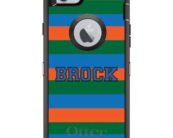 CUSTOM OtterBox Defender Case for Apple iPhone or Samsung Galaxy - Personalized Monogram - Blue Green Orange Bold Stripes