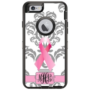 CUSTOM OtterBox Defender Case for Apple iPhone or Samsung Galaxy - Personalized Monogram - Gray White Damask Pink Cancer Ribbon