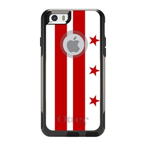 May include: Black phone case with a white background and red stripes. The case has a white Apple logo and three red stars. The text "OtterBox" is printed on the case.