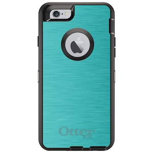May include: A turquoise blue OtterBox phone case with a brushed metal finish and a black OtterBox logo. The case has a black rubber bumper and a clear plastic back.