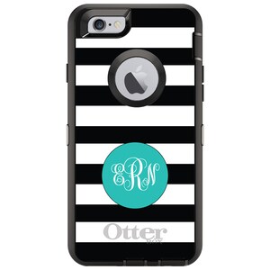 CUSTOM OtterBox Defender Case for Apple iPhone or Samsung Galaxy - Personalized Monogram - Black White Teal Circle Monogram