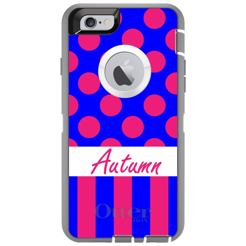 - Personalized Monogram CUSTOM OtterBox Defender Case for Apple iPhone Choose Model Pink Blue Polka Dots Stripes