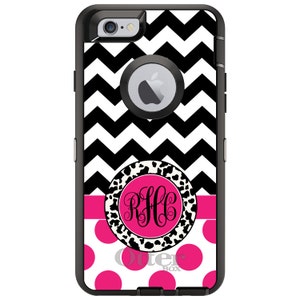 May include: Black and white chevron pattern phone case with a pink and white cow print circle with the monogram "RJC" in pink. The bottom of the case has a pink polka dot pattern.