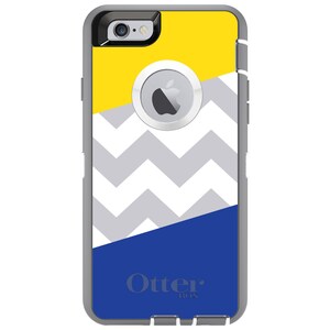 May include: A gray, white, yellow, and blue iPhone case with a chevron pattern and the OtterBox logo.