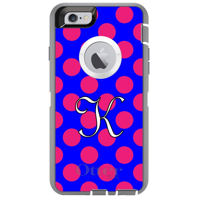 CUSTOM OtterBox Defender Case for Apple iPhone or Samsung Galaxy Personalized Monogram Pink Blue Polka Dots Initial image 1
