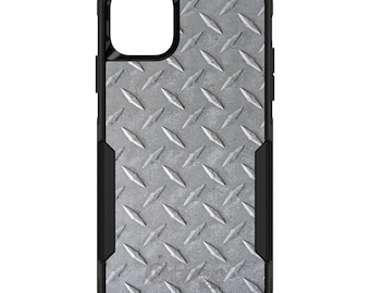 May include: Black phone case with a diamond plate pattern. The case has a raised lip around the camera lens and a textured grip.