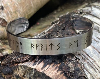 Viking runic stainless steel cuff, Valhalla awaits the strong, wide, nordic, Elder Futhark, interlocking,triple horn, odin, norse, your text