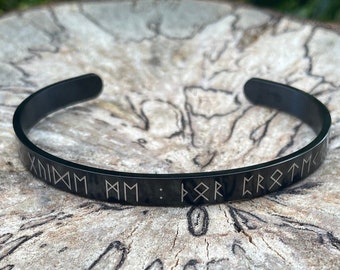 Viking runic black stainless steel cuff, Odin guide me : Thor protect me, Mjölnir, valknut, Thors hammer, Elder Futhark, Norse, Viking, Odin