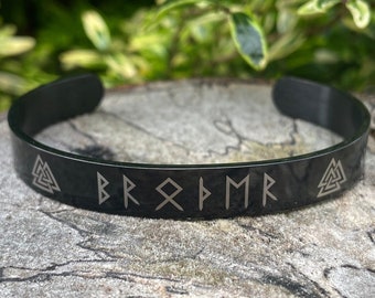 Viking runic hand stamped black cuff, brother, nordic, stainless steel, Elder Futhark, Thor, norse, Icelandic, valknut, triple horn, odin