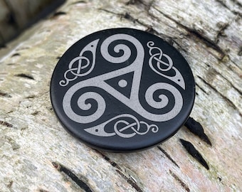 Viking slate token, palm stone, keepsake, triskelion, triskele, dragon, Celtic, Elder Futhark, runic, runes, Norse mythology
