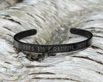 Hand Stamped Black Stainless Steel Viking Runic Cuff, Personalized